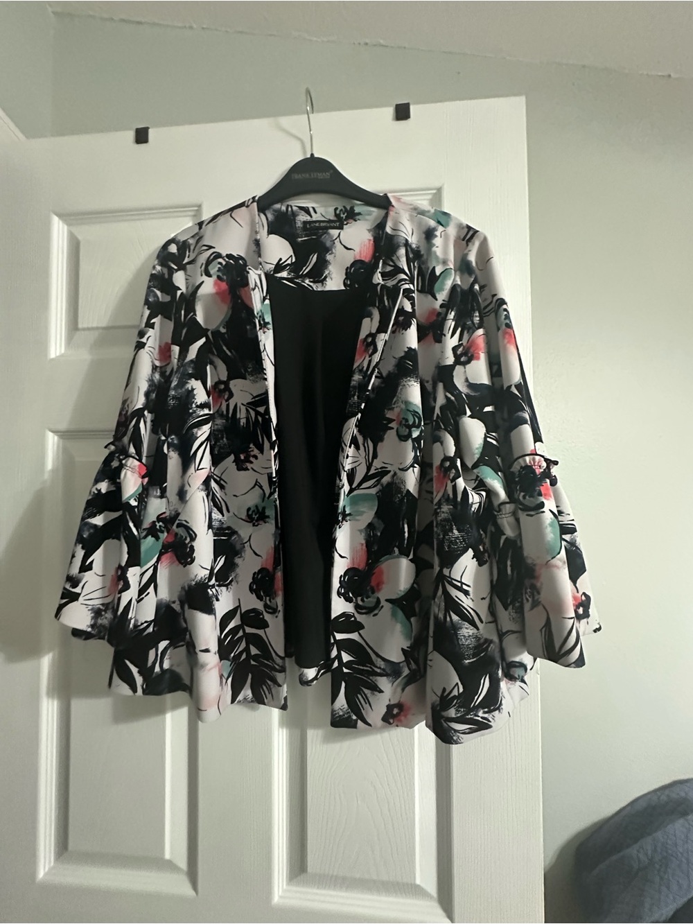 Lane Bryant Floral Open-Front Bell Sleeve Jacket — Black, White, Pink, Teal